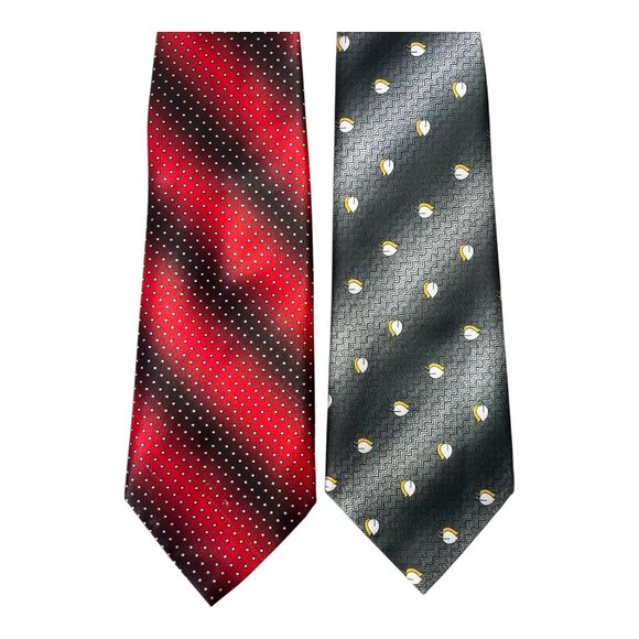 Vintage Fulei Men’s Neckties – Red Black Striped Dots & Gray Geometric Pattern - Picture 2 of 4